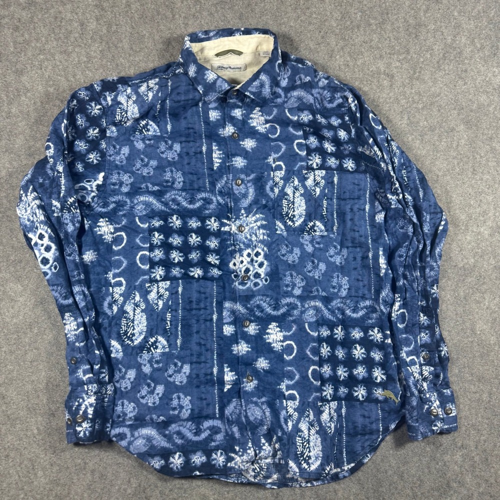 Tommy Bahama Shirt Mens L Blue Linen Patchwork Batik Long Sleeve Button Up